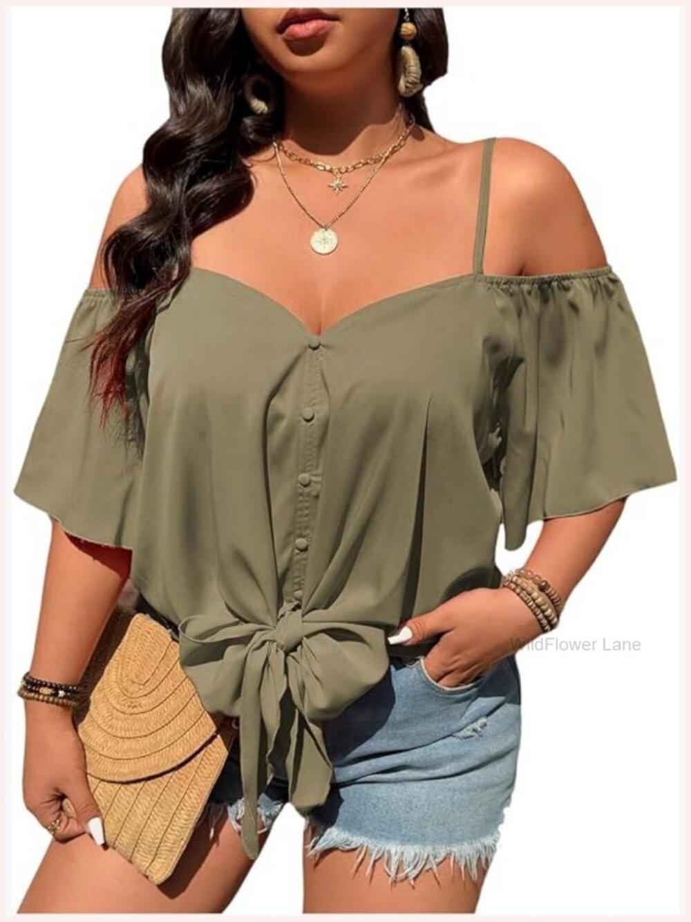 Plus Size Cold Shoulder Blouse Button Tie Front Short Sleeve Top
